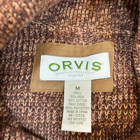 Orvis Sweater Mens Medium Brown Chunky Knit Fisherman 50% Wool Button Collar